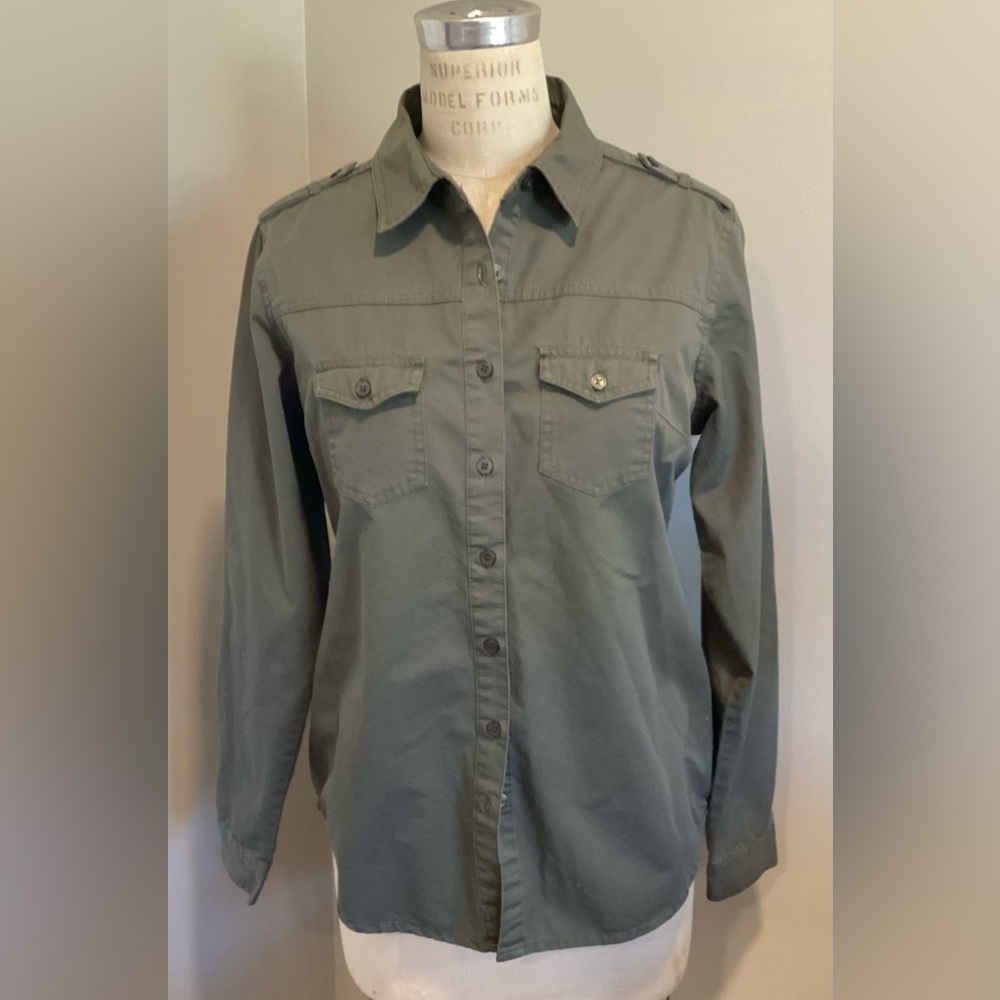Blue Age Army Green Button Down Roll up Sleeve Shirt size L